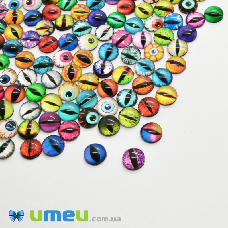 Кабошони скляні з принтом Око, 8 мм, Круглі, Мікс (KAB-050707)