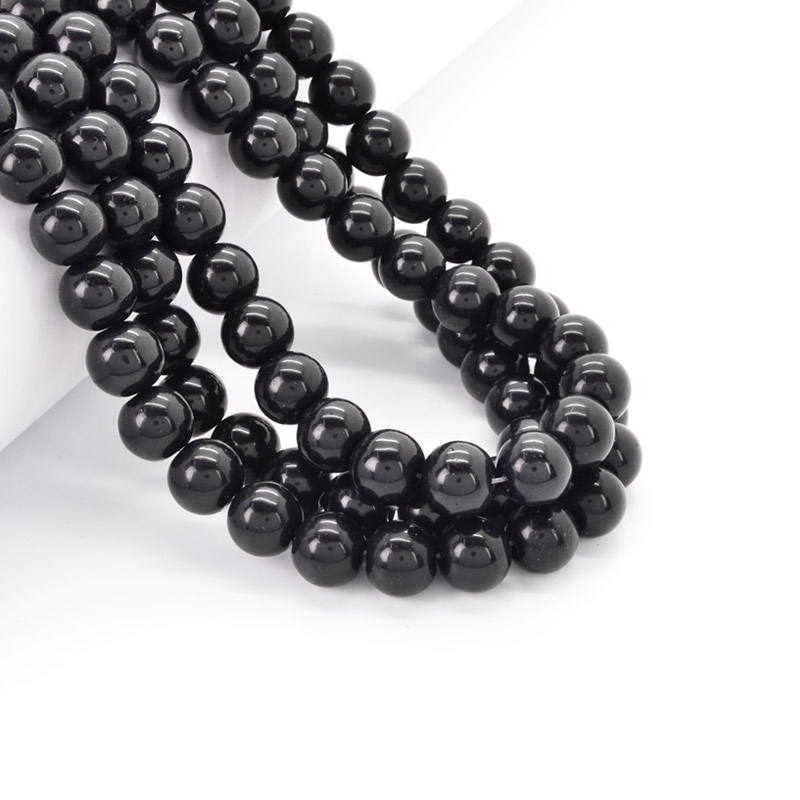Намистини скляні, 10 мм, Чорні, Круглі (BUS-052139)