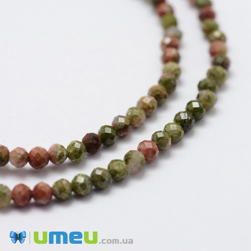Бусины Унакит, 2 мм, Круглые граненые (BUS-040876)