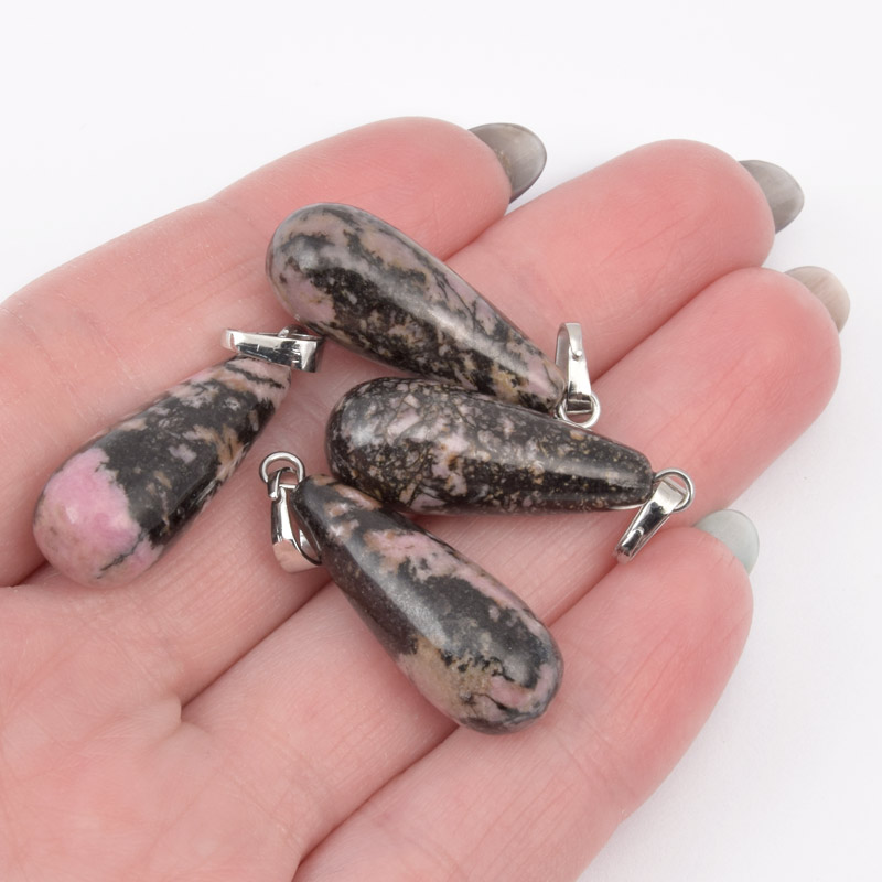 Подвеска Капля, Натур. камень Родонит, 29х10 мм (POD-057948)