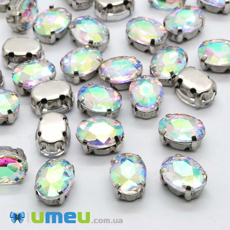 Шатон овальний 8х6 мм, Темне срібло, Білий АВ (KAB-037969)