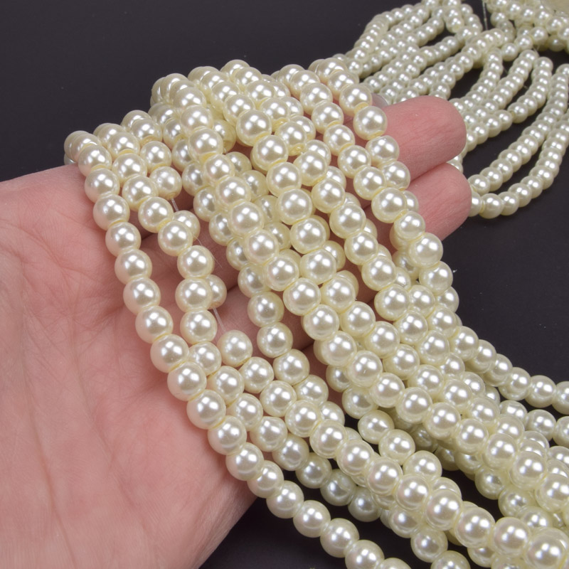 Намистини скляні Перли, 6 мм, Кремові, Круглі (BUS-048878)