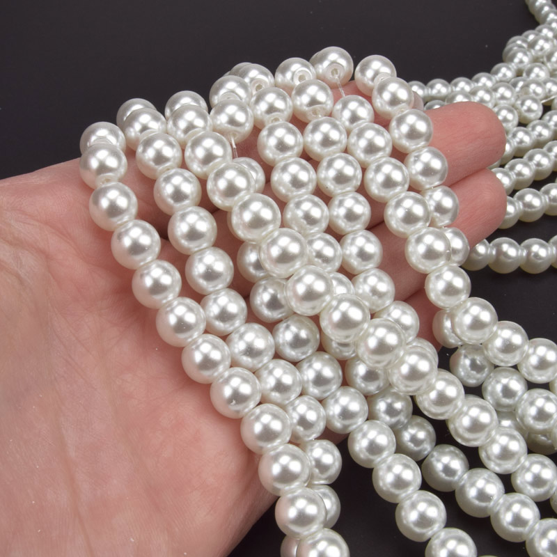 Бусины стеклянные Жемчуг, 8 мм, Белые, Круглые (BUS-052117)