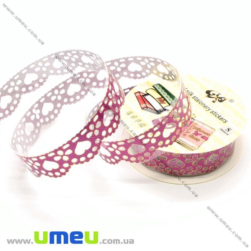 Декоративний скотч мереживний, Малиновий, Серця, 15 мм (DIF-026226)