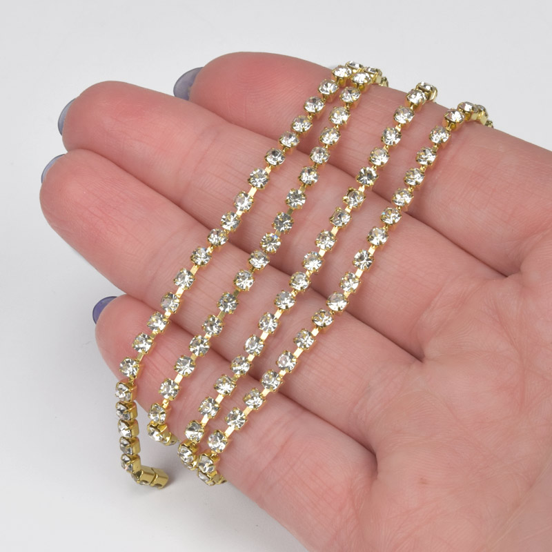 Стразовая цепь SS10 (2,6 мм), Золото, Стразы стеклянные белые (ZEP-047554)