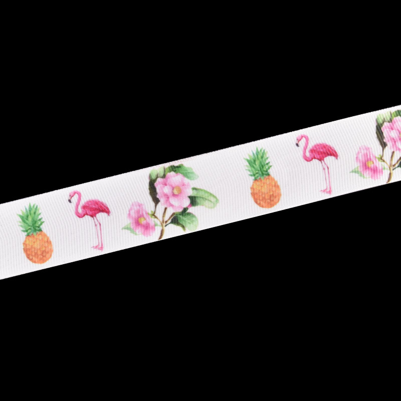 Репсова стрічка з малюнком Фламінго-ананас-сакура, 25 мм, Біла (LEN-054881)