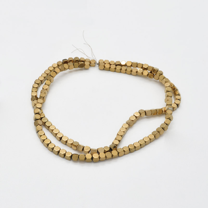 Намистини Гематит, Натур. камінь, Кубик, 3х3х3 мм, З покриттям, Золотисті (BUS-051758)