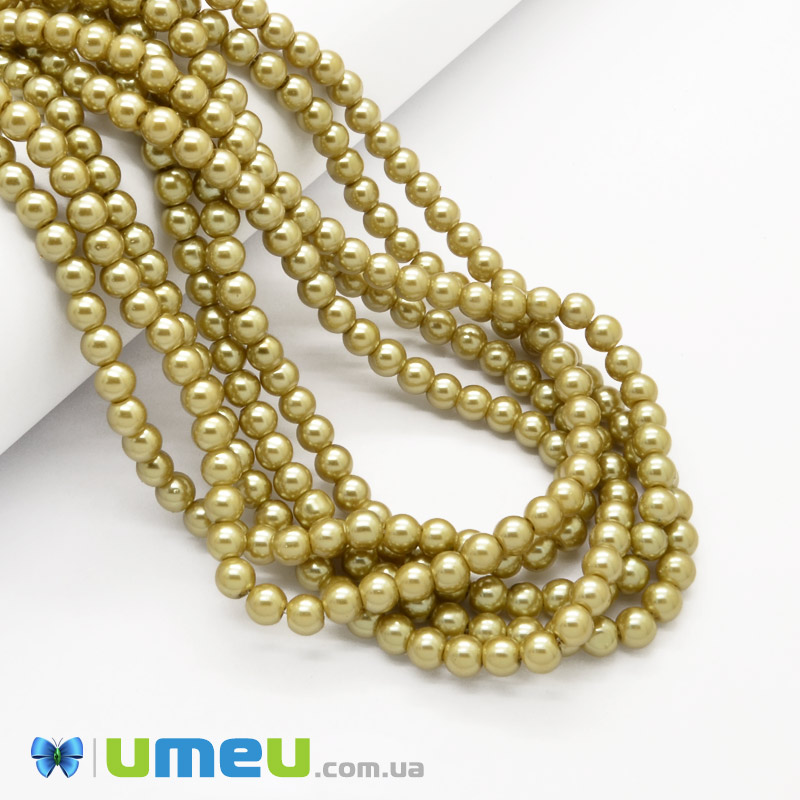 Бусины стеклянные Жемчуг, 6 мм, Оливковые, Круглые (BUS-048908)