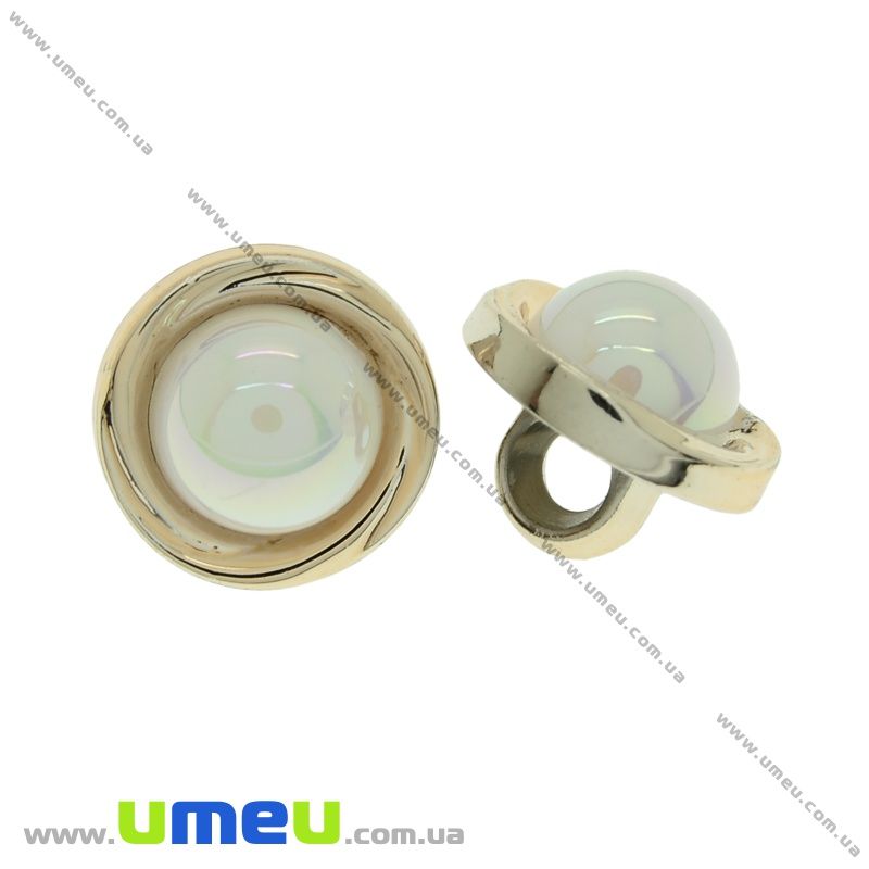 Пуговица пластиковая на ножке с полубусиной, 12 мм, Белая, Светлое золото (PUG-021483)