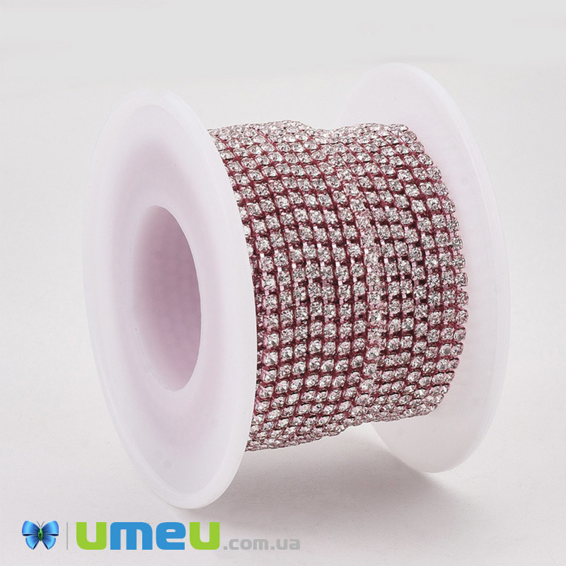 Стразовий ланцюг SS6 - 2,0 мм, Рожевий, Стрази скляні білі (ZEP-040484)