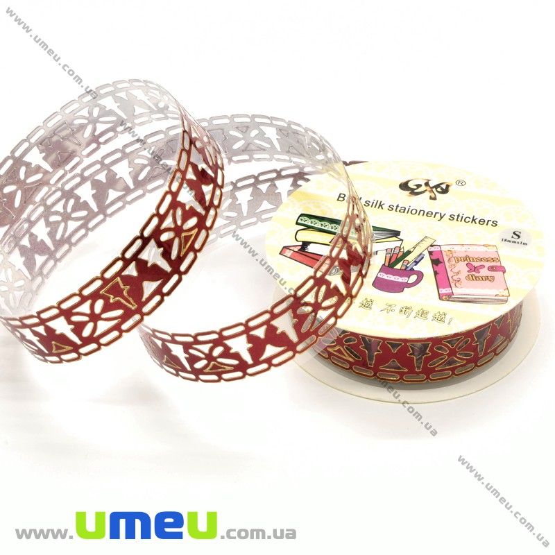 Декоративний скотч мереживний, Червоний, Метелики, 15 мм (DIF-026221)