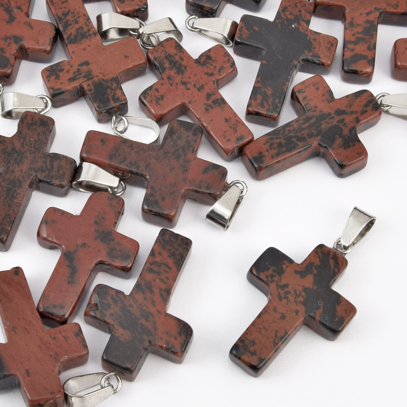 Підвіска Хрест, Натур. камінь Обсидіан махогоновий, 30х20х6 мм (POD-057957)