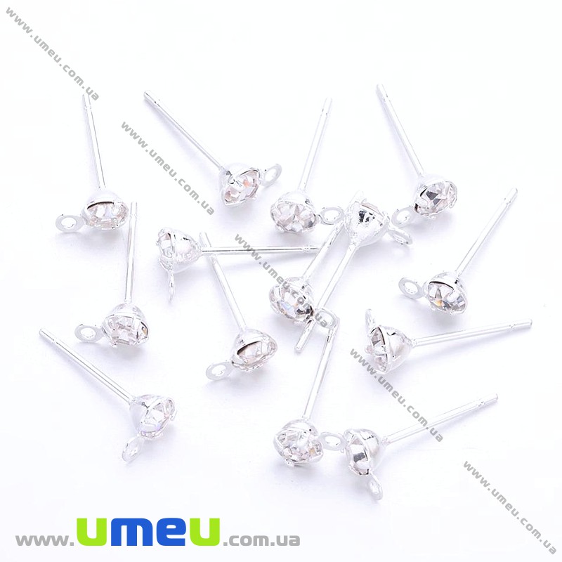 Пусеты со стразом, Светлое серебро, 15х7 мм (OSN-028384)