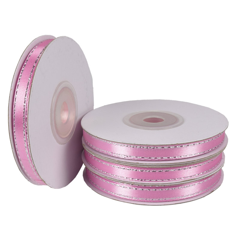 Атласна стрічка з люрексом, 6 мм, Рожева зі сріблом (LEN-056812)