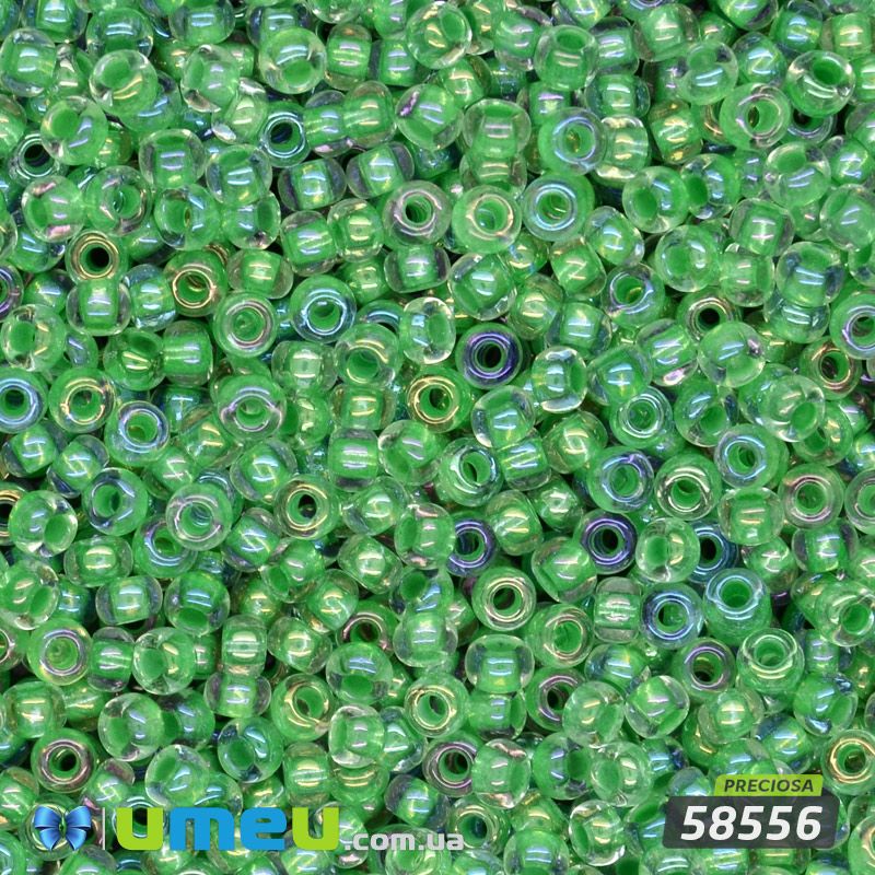 Бісер чеський №794/58556, Зелений світлий, Прозорий райдужний, 10/0 (BIS-047841)
