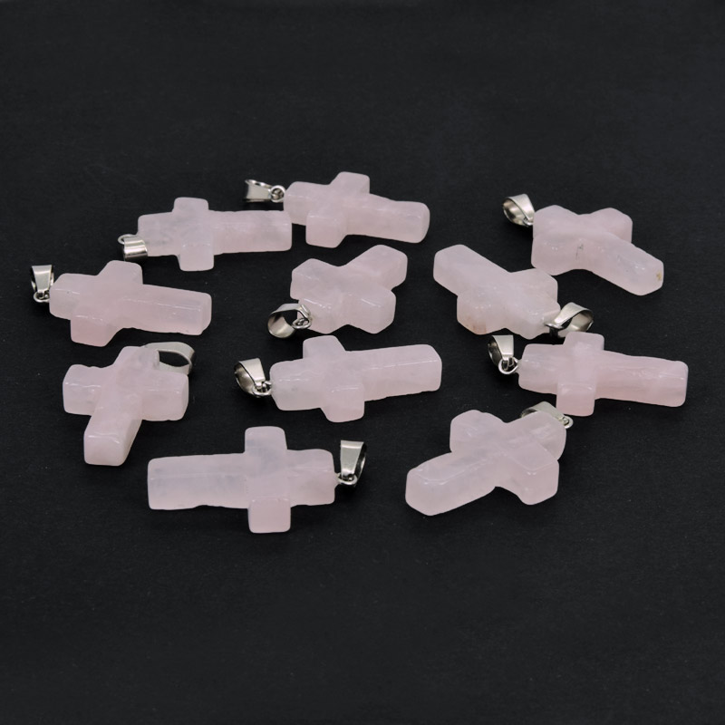 Підвіска Хрест, Натур. камінь Кварц рожевий, 30х20х6 мм (POD-057952)