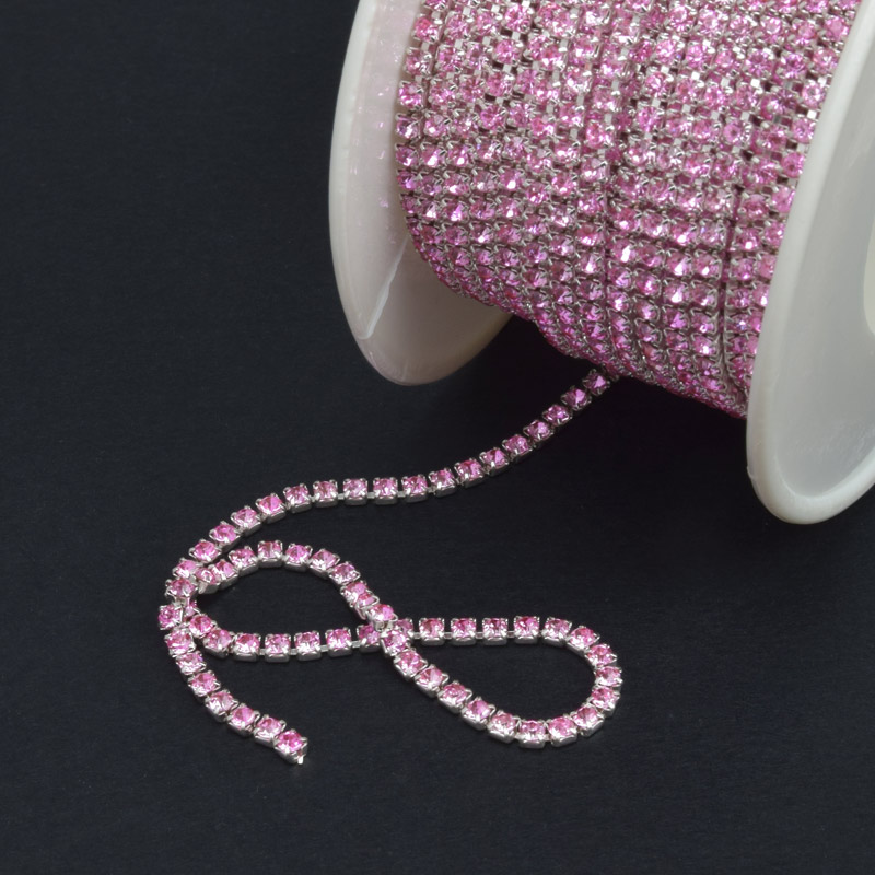 Стразовий ланцюг SS6 (2,0 мм), Світле срібло, Стрази скляні рожеві рожеві світлі (ZEP-020468)