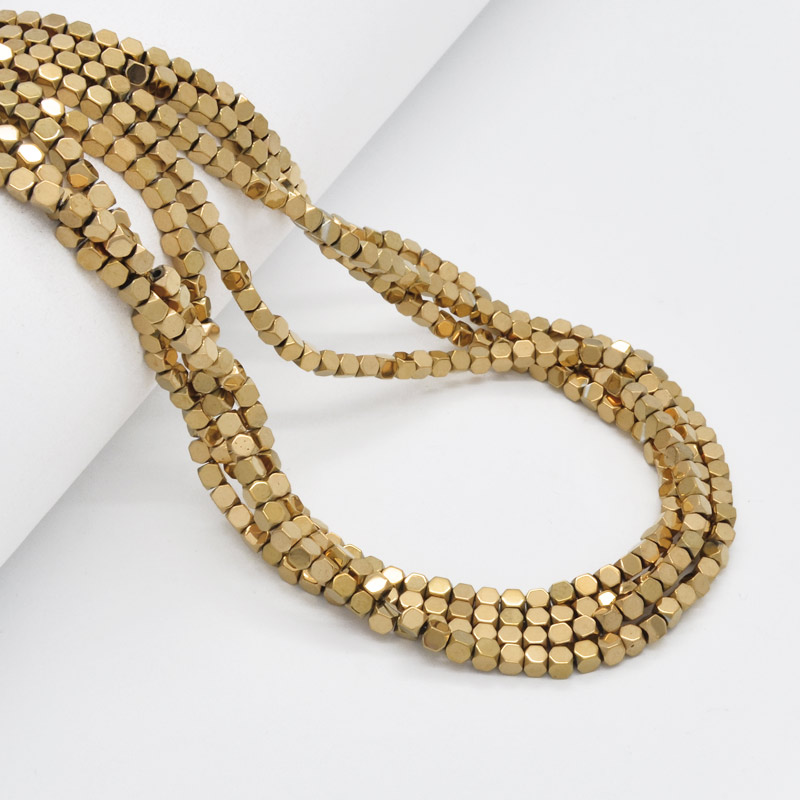 Намистини Гематит, Натур. камінь, Кубик, 3х3х3 мм, З покриттям, Золотисті (BUS-051758)