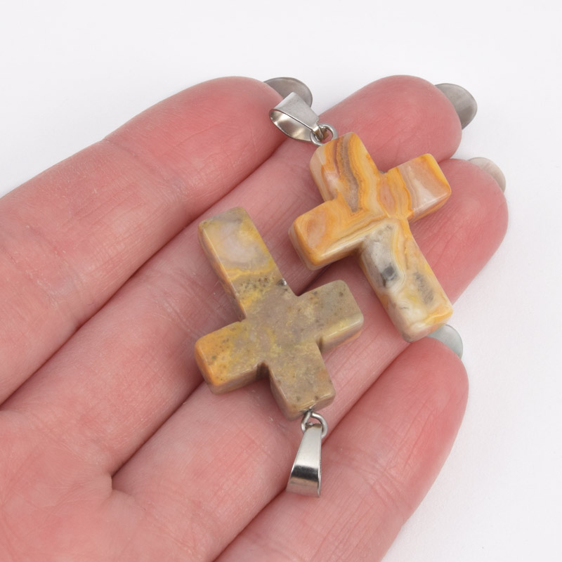 Підвіска Хрест, Натур. камінь Агат мереживний (Crazy Agate), 30х20х6 мм (POD-057955)