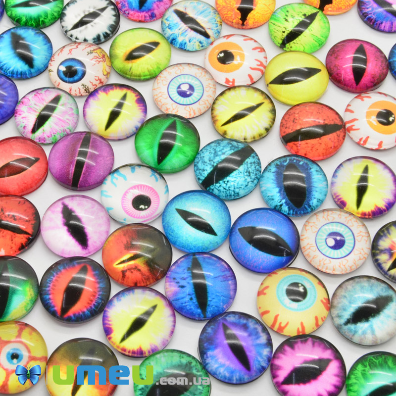 Кабошоны стеклянные с принтом Глаз, 14 мм, Круглые, Микс (KAB-050699)