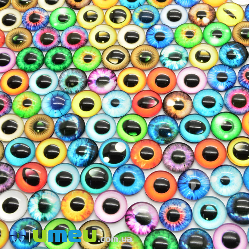 Кабошоны стеклянные с принтом Глаз, 10 мм, Круглые, Микс (KAB-050702)