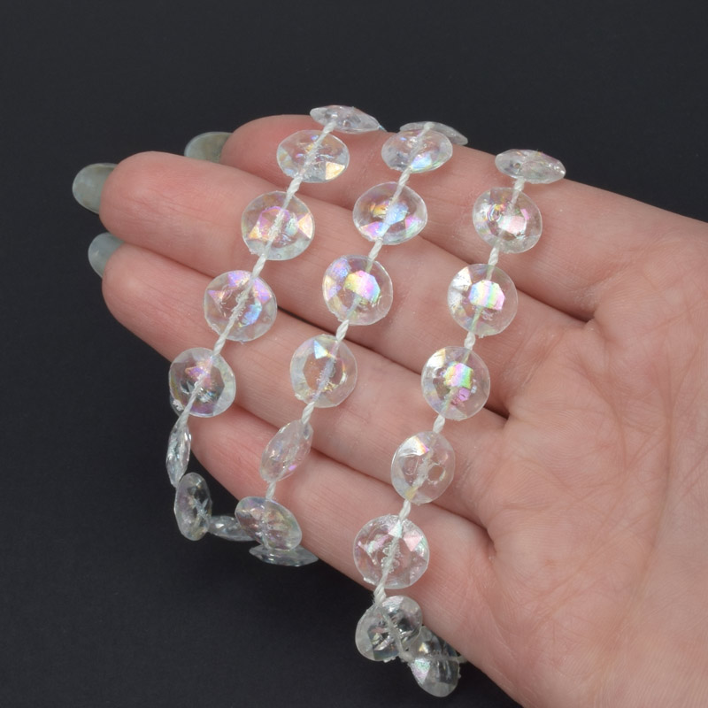 Бусины на нитке акриловые, Круглые плоские, 10 мм, Прозрачные АВ (KAB-060986)