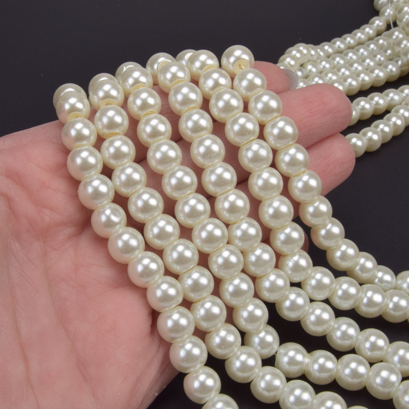 Намистини скляні Перли, 8 мм, Кремові, Круглі (BUS-052086)