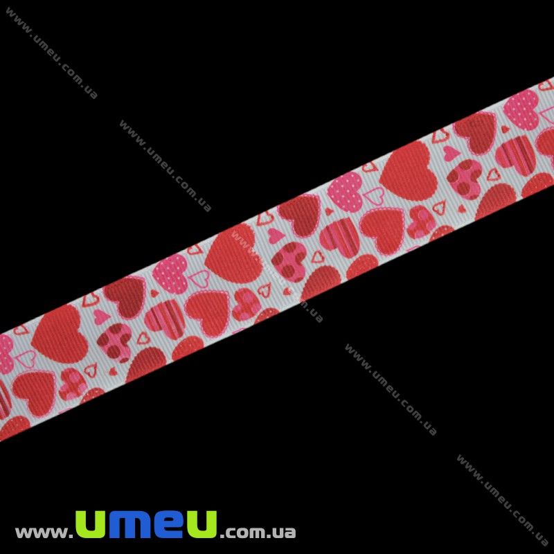 Репсова стрічка з малюнком Серця, 25 мм, Червона (LEN-016565)