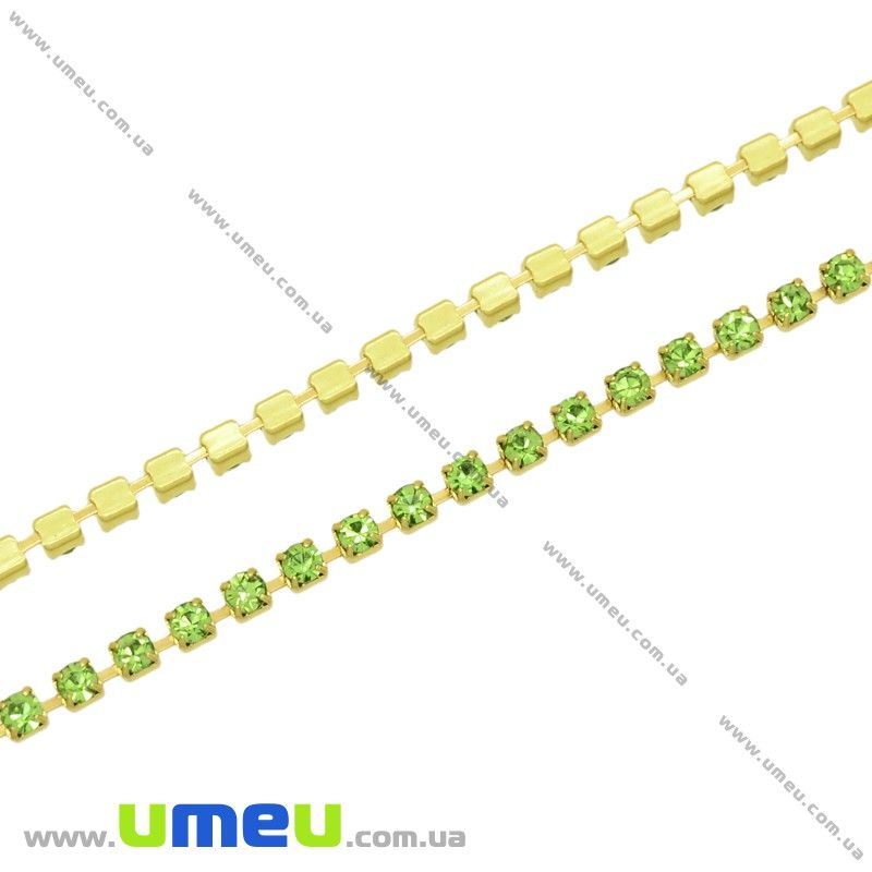 Стразовий ланцюг SS6 (2,0 мм), Золото, Стрази скляні салатові (ZEP-020488)