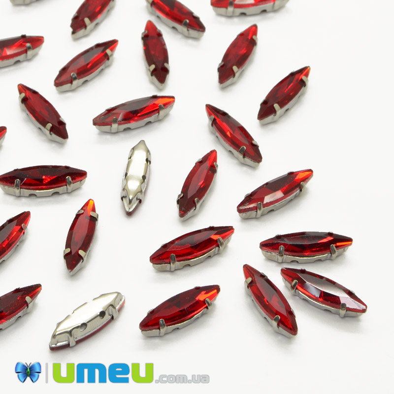 Шатон човник 15х4 мм, Темне срібло, Червоний (KAB-040764)