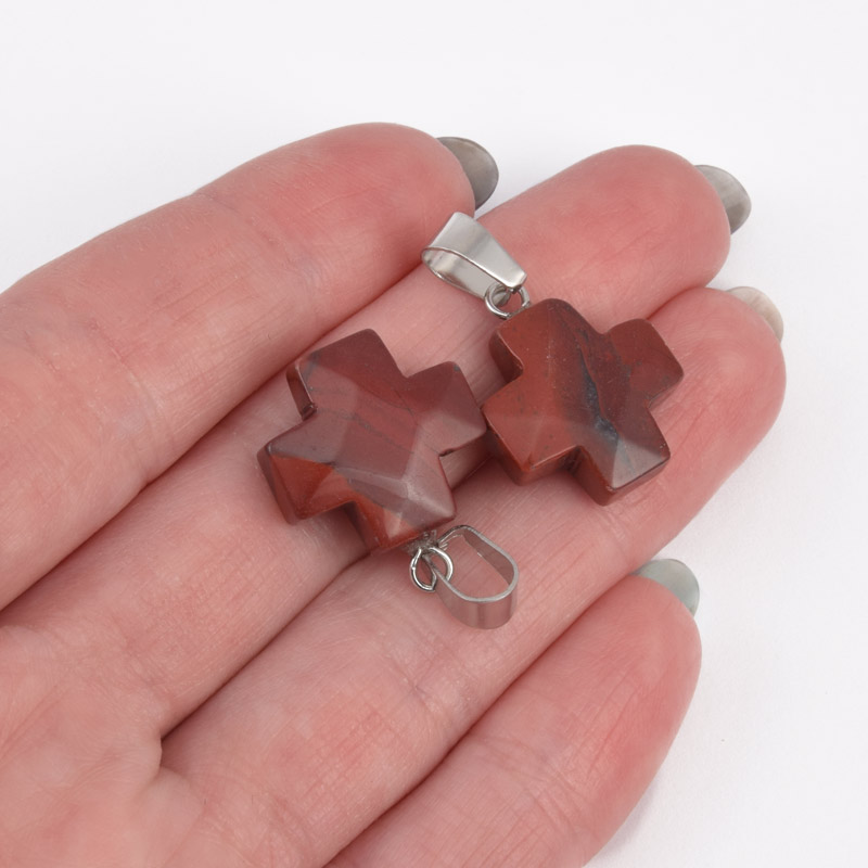 Підвіска Хрест, Натур. камінь Яшма червона, 20х16х7 мм (POD-057961)