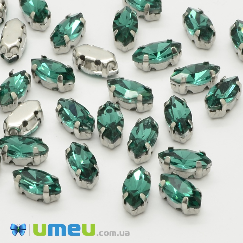 Шатон човник 12х6 мм, Темне срібло, Смарагдовий (KAB-040699)