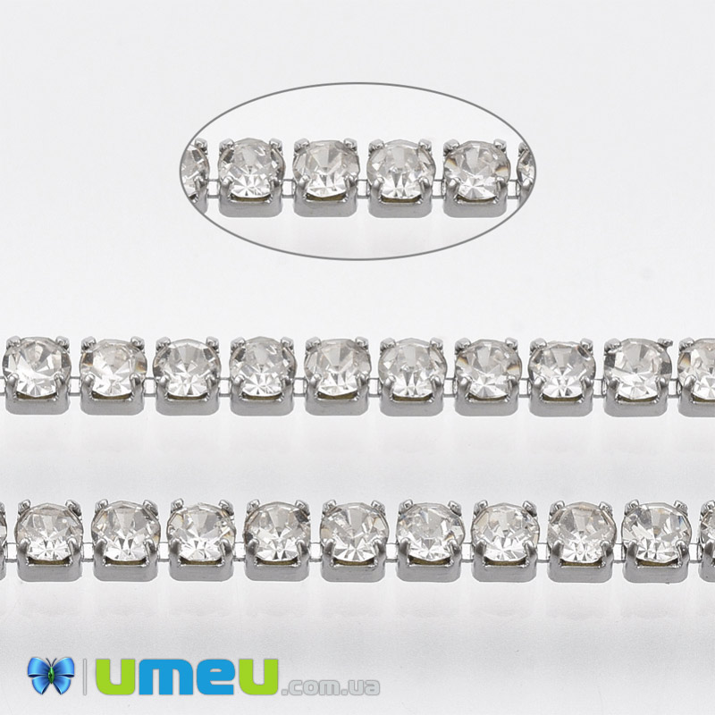 Стразовая цепь SS6 - 2,0 мм, Нерж. сталь т. серебро, Стразы стеклянные белые (ZEP-040487)