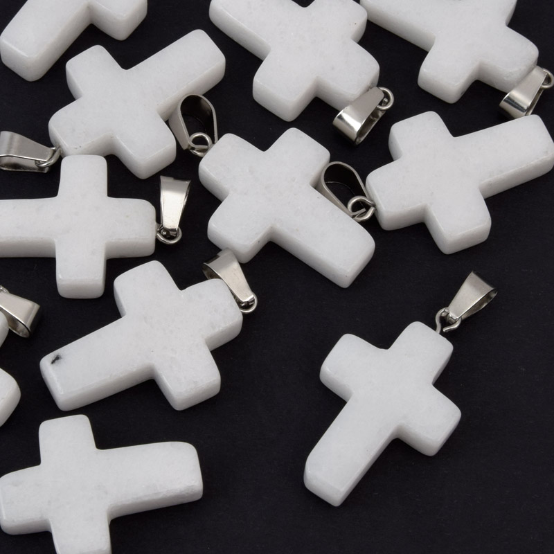 Підвіска Хрест, Натур. камінь Нефрит білий, 30х20х6 мм (POD-057954)