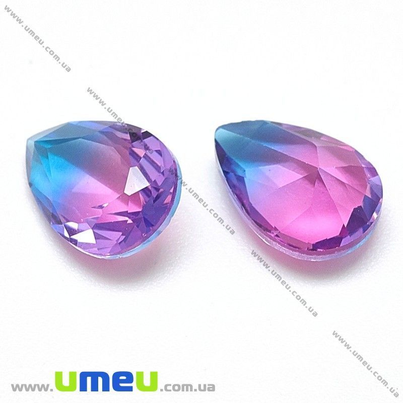 Ріволі скляний, Крапля гранована двоколірна, 14х10 мм, Рожево-блакитний (KAB-031393)