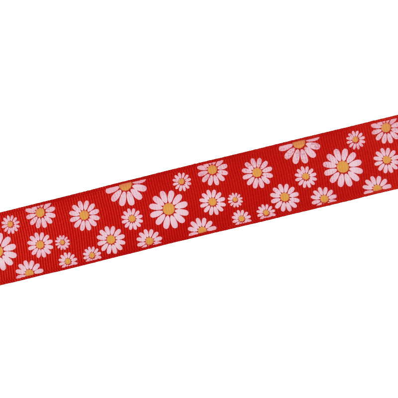 Репсова стрічка з малюнком Ромашки, 25 мм, Червона (LEN-054887)