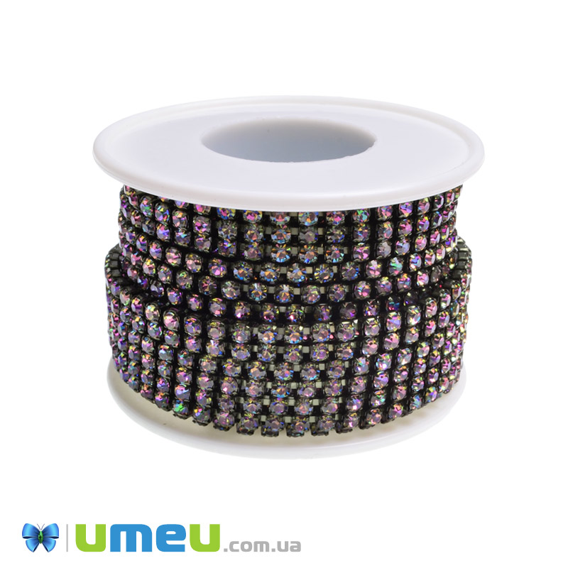 Стразовий ланцюг SS12 (2,8 мм), Ірис зелена, Стрази скляні ірис (ZEP-049289)