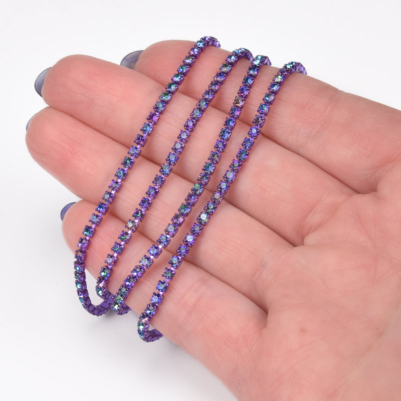 Стразовий ланцюг SS6 - 2,0 мм, Фіолетовий ірис, Стрази скляні фіолетові АВ (ZEP-061019)