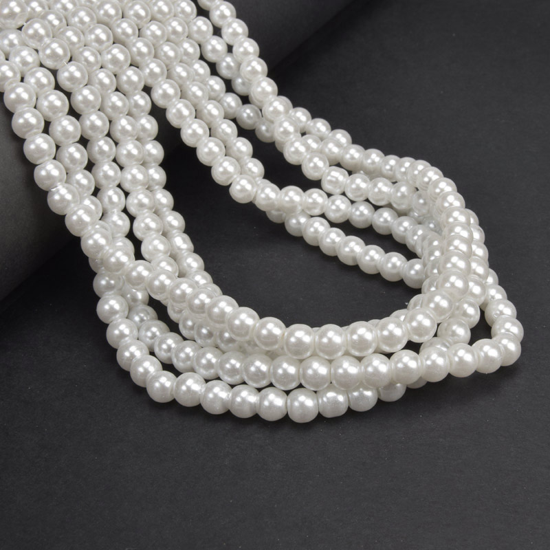 Намистини скляні Перли, 6 мм, Білі (молочні), Круглі (BUS-052047)