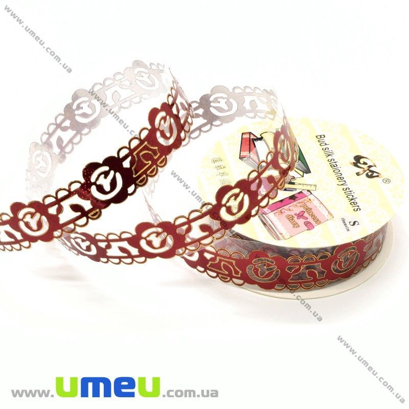 Декоративний скотч мереживний, Червоний, Квіти, 15 мм (DIF-026222)