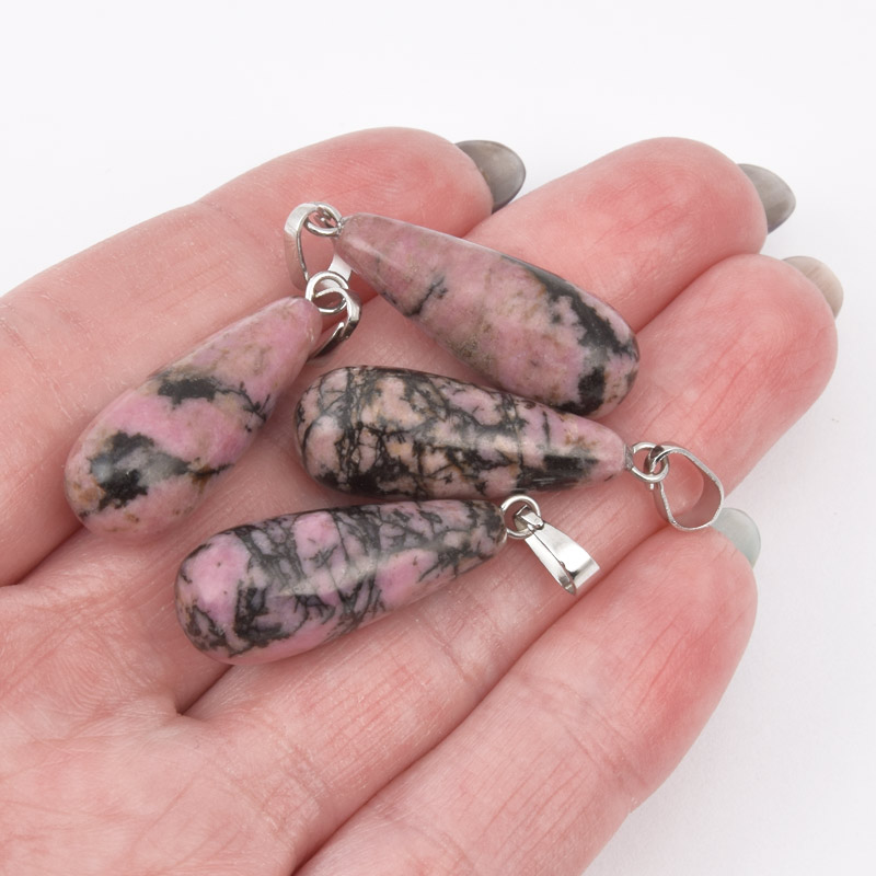 Підвіска Крапля, Натур. камінь Родоніт, 29х10 мм (POD-057947)