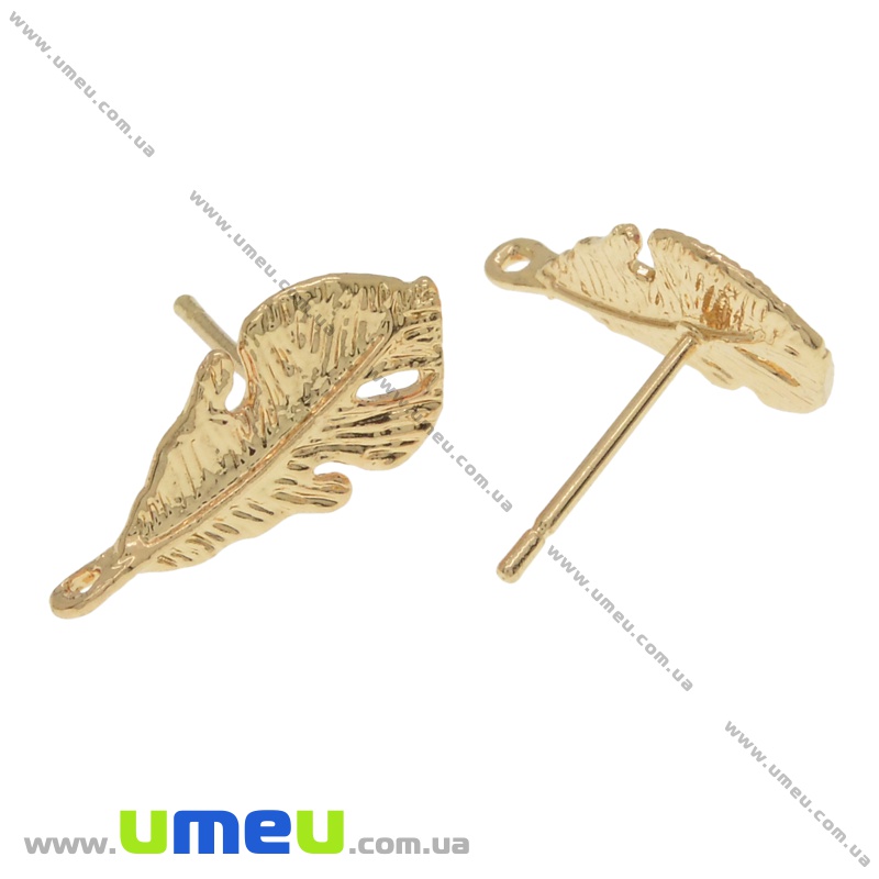 Пусеты Перо, Латунь с позолотой 18К, Золото, 18х14х9 мм (OSN-036483)