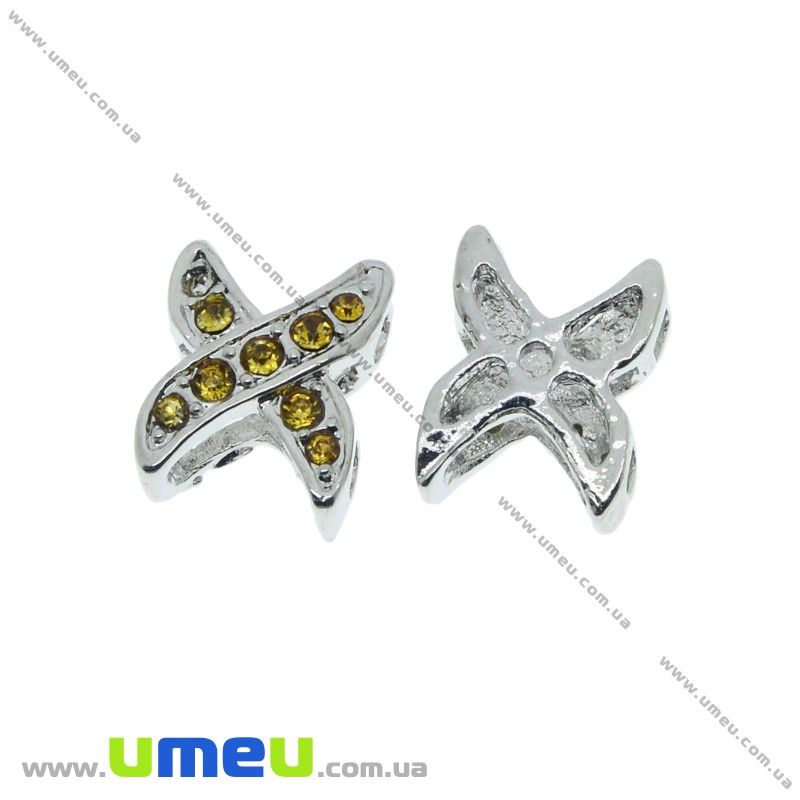 Намистина мет. на 3 ряди, 13х10х5 мм, Темне срібло, Стрази скляні помаранчеві (OBN-031574)