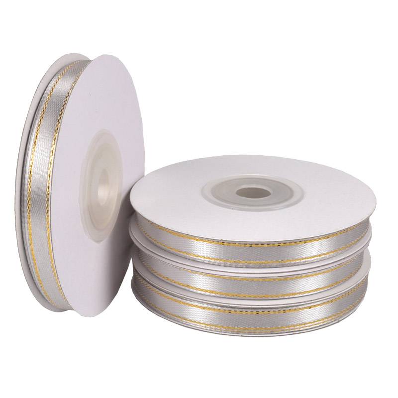Атласна стрічка з люрексом, 6 мм, Сіра із золотом (LEN-056815)