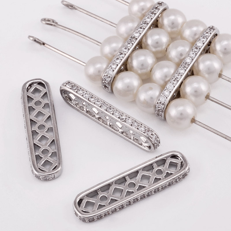 Конектор-розділювач, 23х2 мм, Латунь із покриттям Родій, Куб. цирконій (KON-055948)