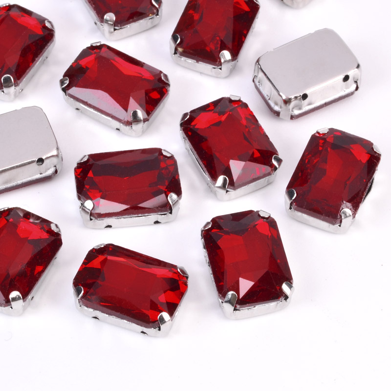 Шатон прямокутний, 14х10 мм, Темне срібло, Червоний (KAB-010552)