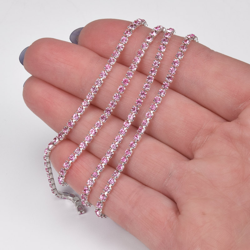 Стразовий ланцюг SS6 (2,0 мм), Світле срібло, Стрази скляні рожеві рожеві світлі (ZEP-020468)