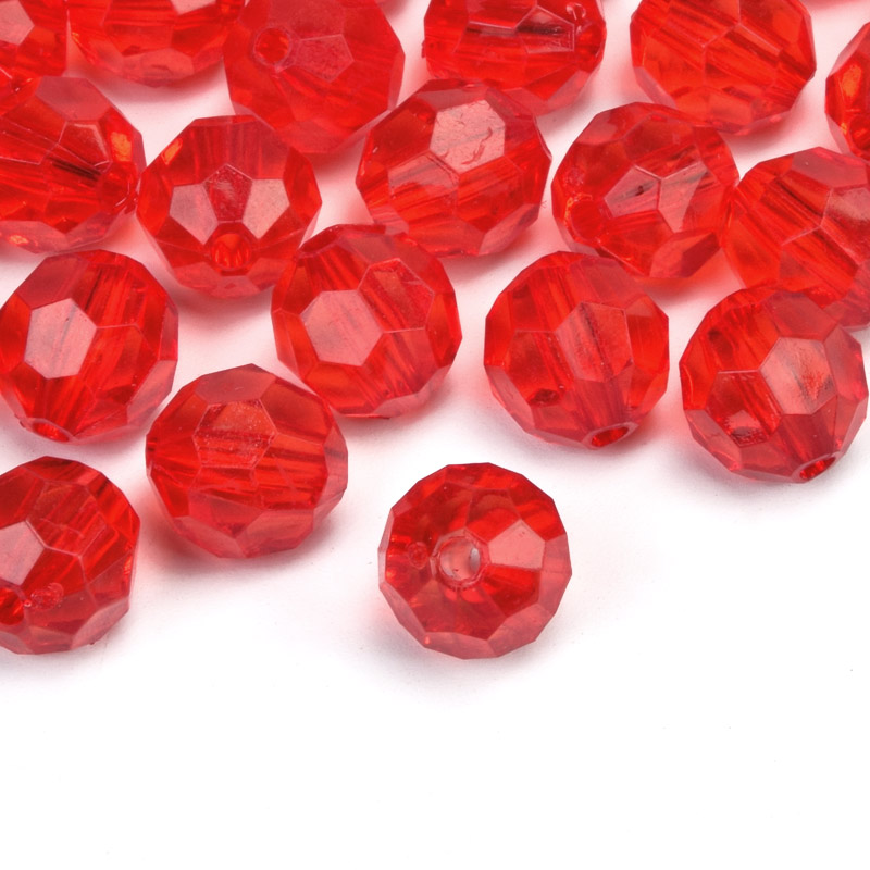 Намистини акрилові, Круглі грановані, 10 мм, Червоні (BUS-059880)