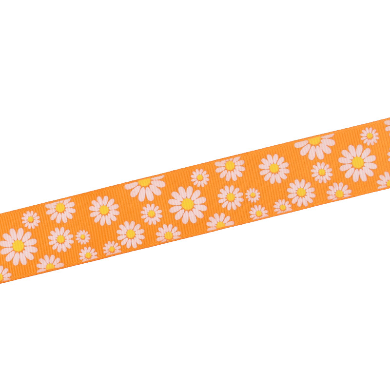 Репсова стрічка з малюнком Ромашки, 25 мм, Помаранчева (LEN-054884)