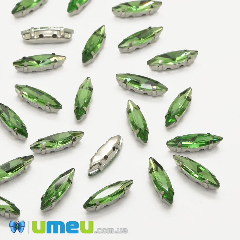 Шатон човник 15х4 мм, Темне срібло, Зелений (KAB-040772)